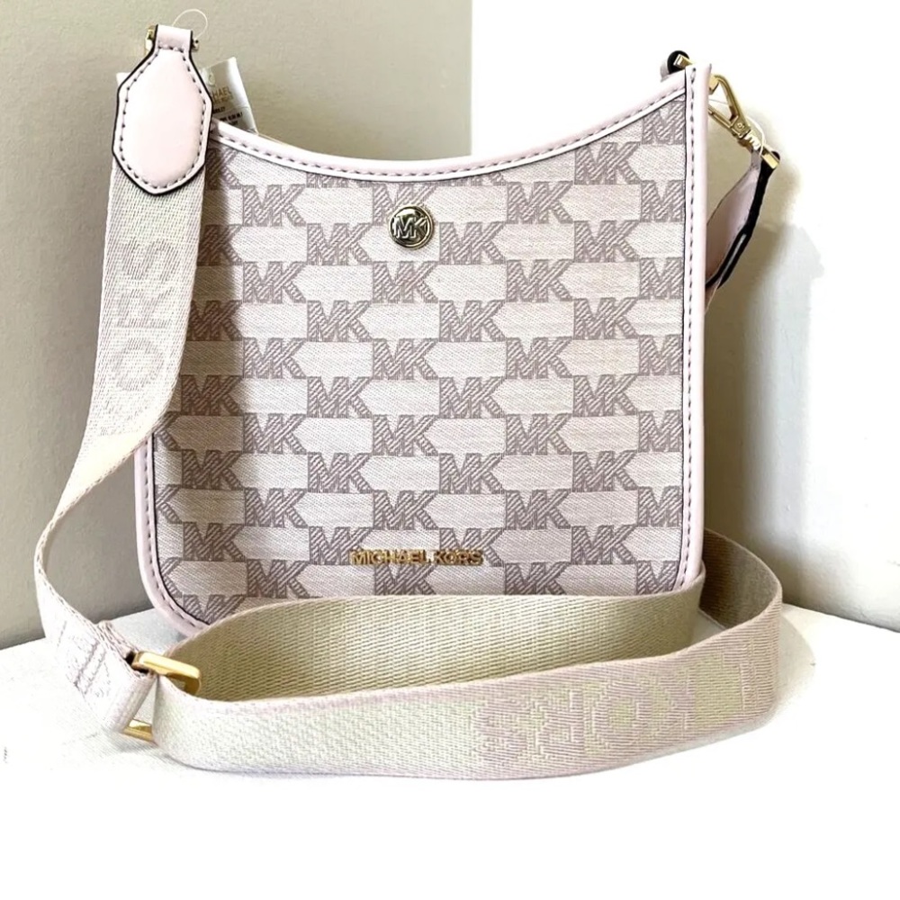 New Michael Kors Briley Small Messenger Crossbody Logo Jacquard Powder Blush